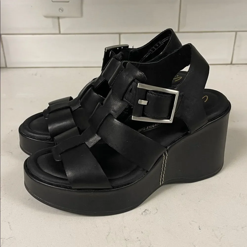 Clark’s Manon Cove Black Platform Wedge Sandals Size 6